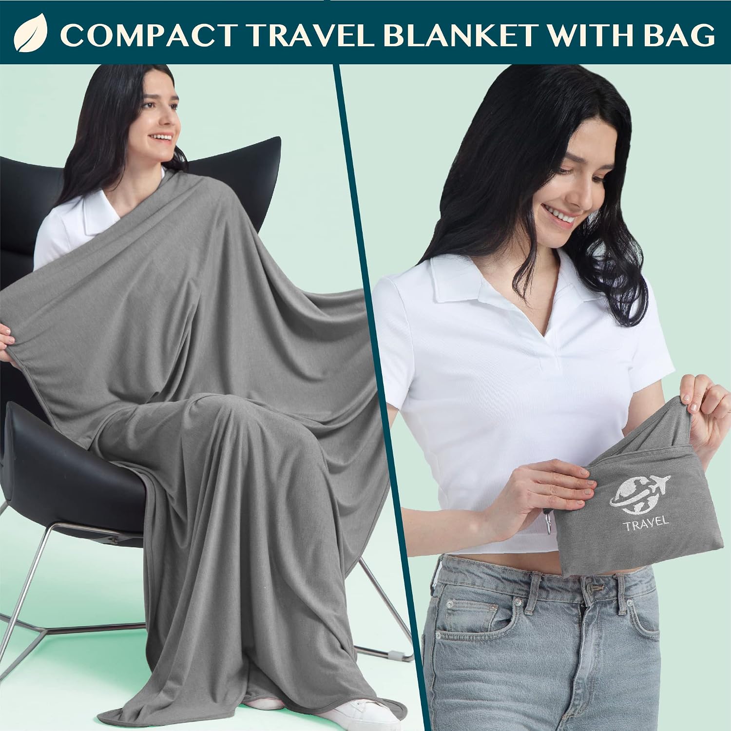 PAVILIA Soft Travel Blanket, Compact Airplane Blanket in Bag, Portable Blanket Pillow Set, Lightweight and Packable Plane Flight Car Trips Travel Home Office Gift Accessories, Gray, 65x40 inches - Image 2