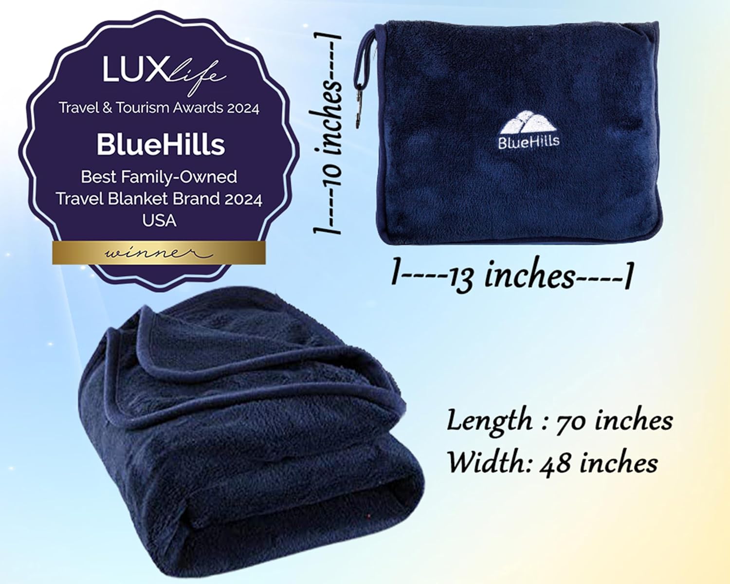 BlueHills Premium Soft Long Travel Blanket Pillow for Tall Airplane Flight Blanket Throw Luggage Belt & Backpack Clip Compact Packable Car Large 2 in 1 Combo Warm Gifts Navy Blue T051 - Image 5