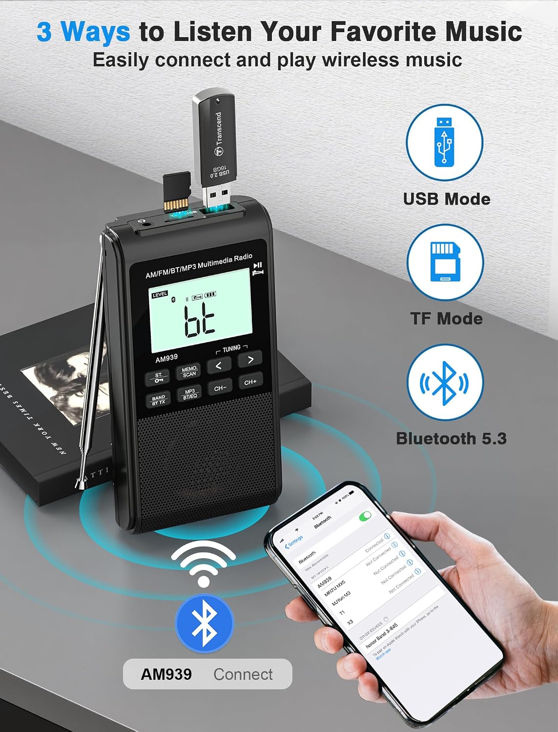 Portable AM FM Radio with Bluetooth Earphone Output & Bluetooth Speaker Mode,1200mAh Rechargeable Radio with Best Reception,5W Big Speaker,LCD Screen,Earphone Jack,Support SD Card and USB for Jogging - Image 5
