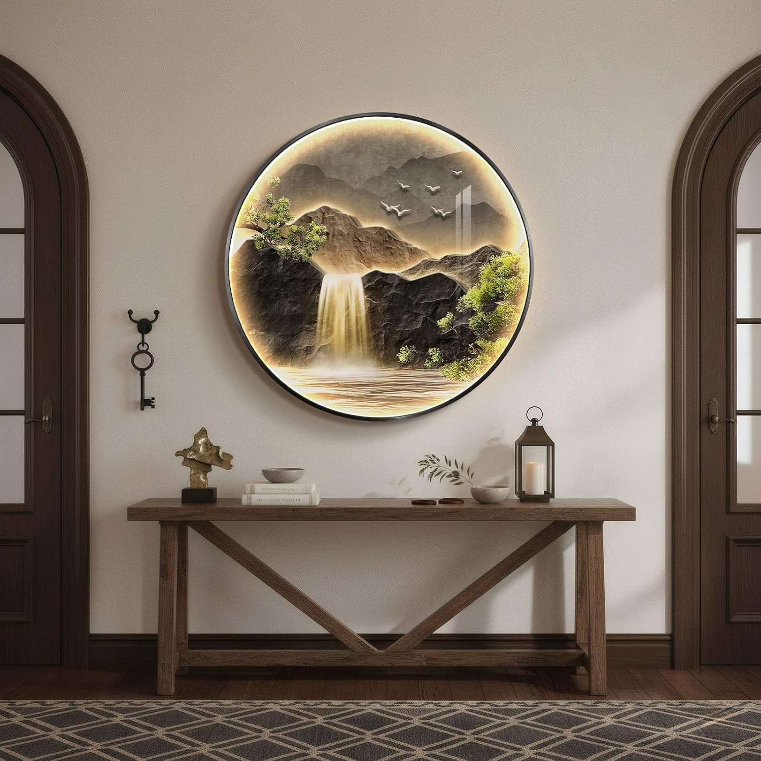 Large LED Mountain Waterfall Wall Art for Living Room, Framed Round Modern Lighted Landscape Picture Artwork for Walls, Backlit Nature Wall Decor for Hallway, Dining Room, Entryway, Office, 30x30 Inch - Image 3