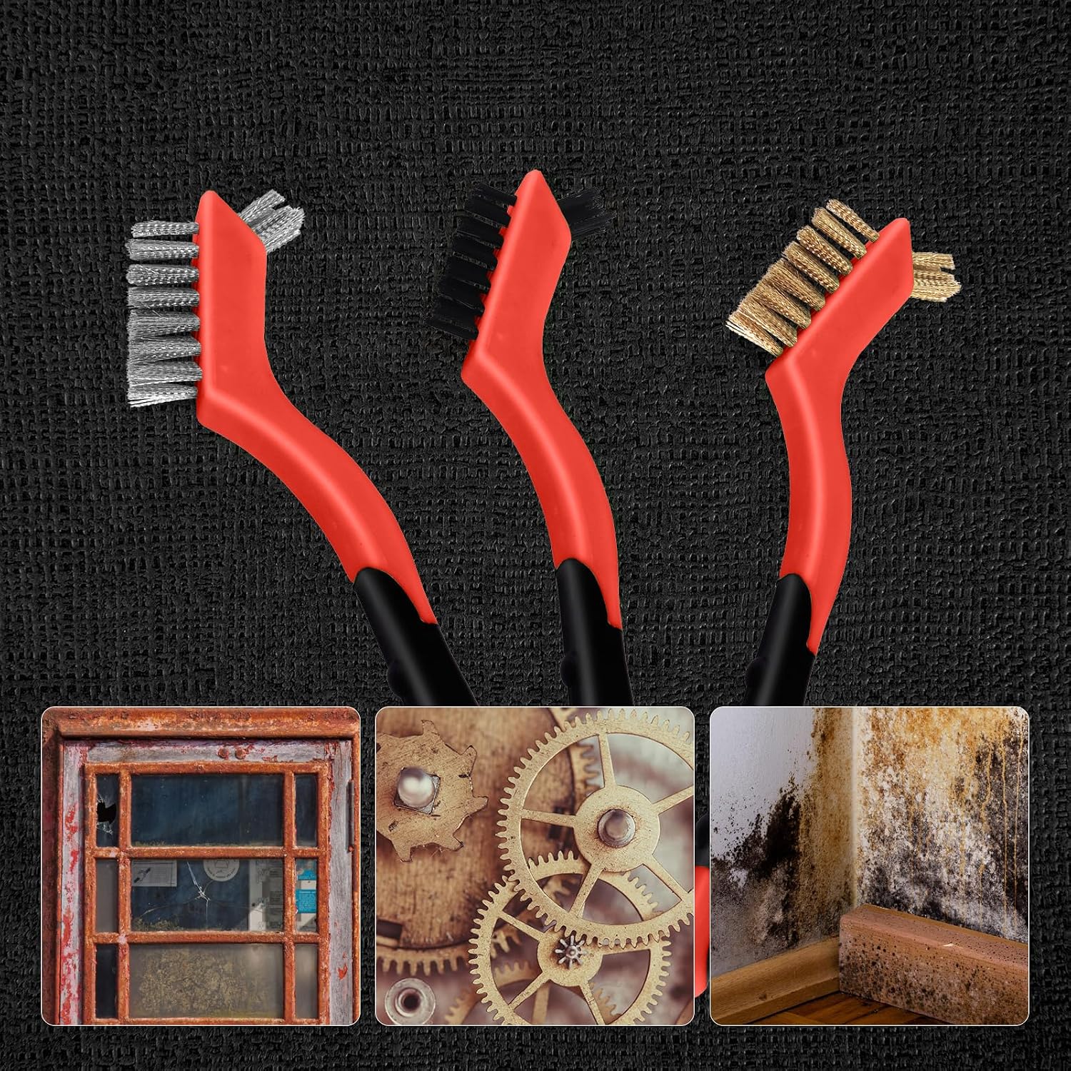 MAXMAN Wire Brush Set 3Pcs, Small Wire Brushes for Cleaning, Rust Remover, Scrub Brush, Detailing Brush, Metal Brush, Stainless Steel/ Brass/ Nylon Bristles Bristle Brush, Scratch Brush, (Red) - Image 4