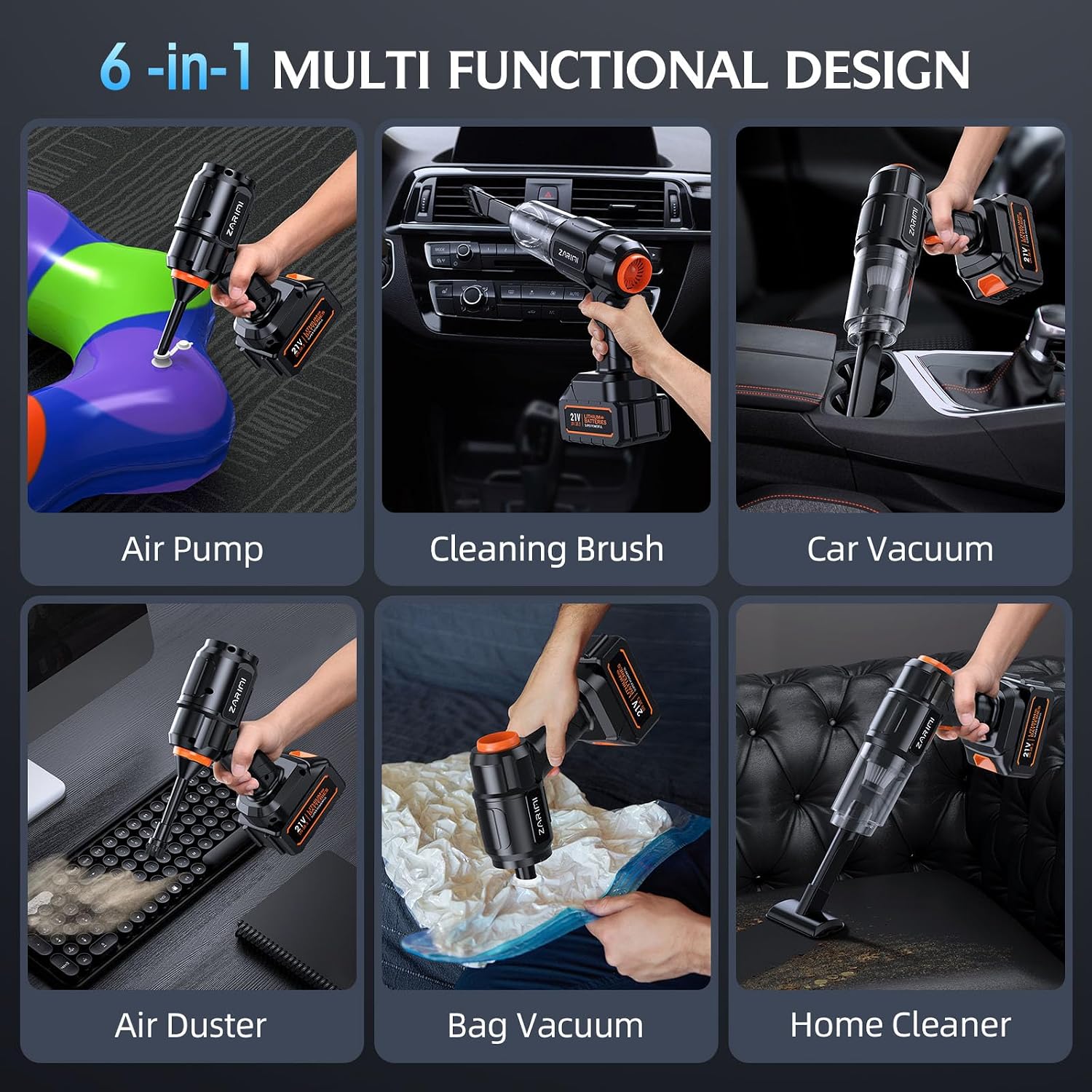 Portable Cordless Car Vacuum - 50,000Pa High-Power Brushless Motor, Rechargeable Handheld Vacuum Cleaner with 2 Batteries & Charger, 6-in-1 Vacuum Cleaners for Home, Keyboard, Pet Hair, Black - Image 5