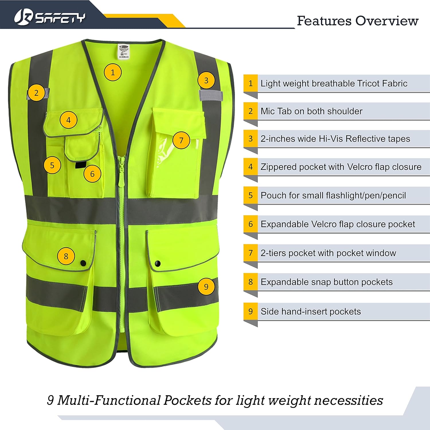 JKSafety 9 Pockets Class 2 High Visibility Zipper Front Safety Vest With Reflective Strips,Meets ANSI/ISEA Standard (X-Large, Yellow) - Image 3