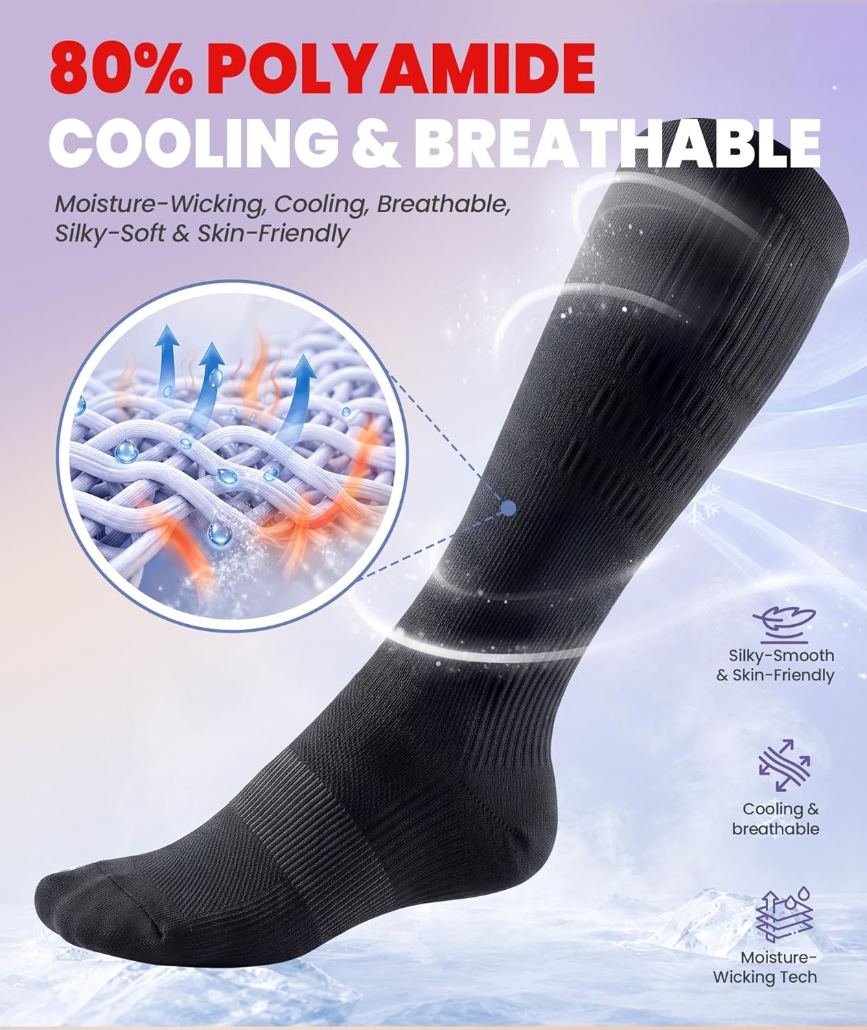 PULIOU Cooling Compression Socks for Women Men, 20-30 mmHg Circulation Knee High for Travel, Flying, Running, 2 Pairs - Image 3