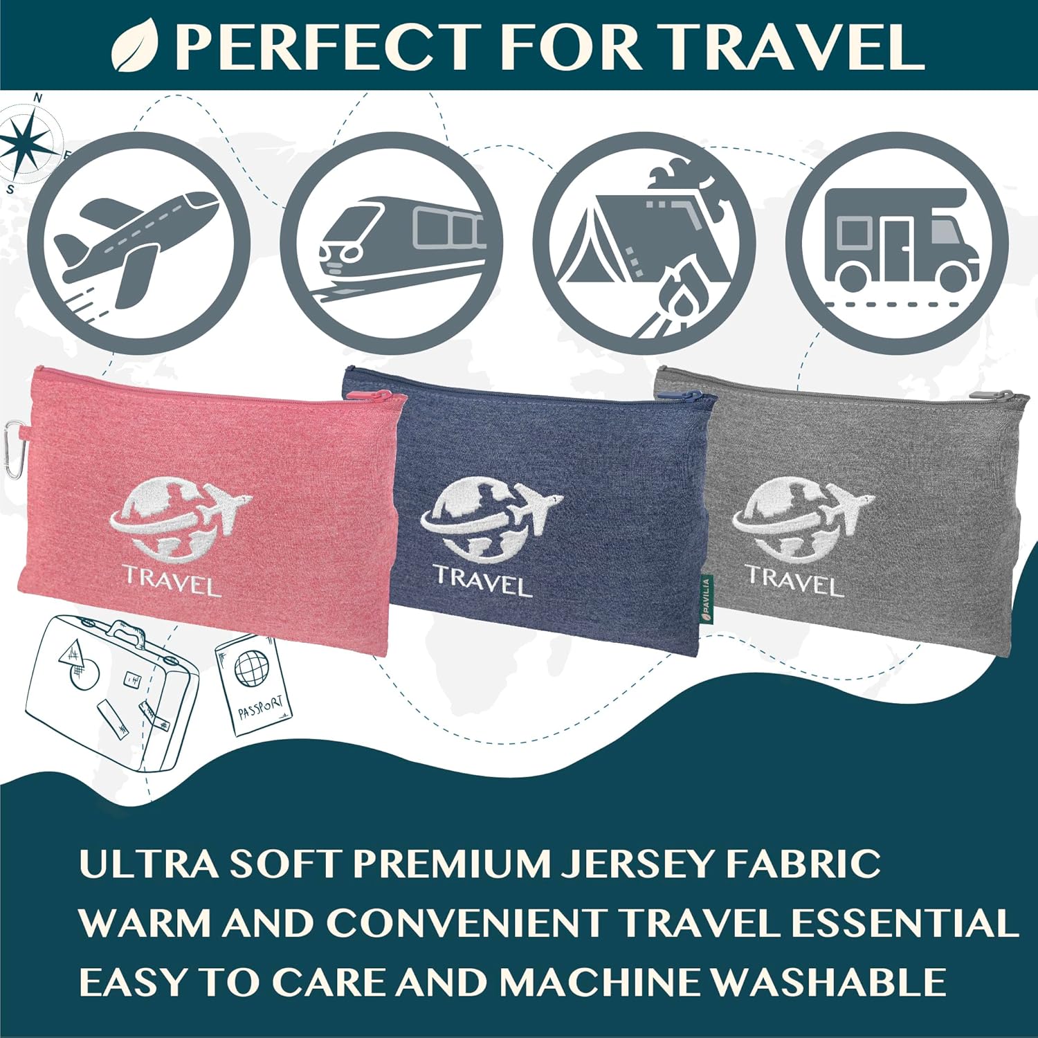 PAVILIA Travel Blanket Compact, Airplane Packable Bag, Soft Fleece Portable Throw Pillow Combo Set, Plane Flight Car Trips Essentials Gift Accessories, Luggage Backpack Clip, Navy Blue, 65 x 40 inch - Image 5