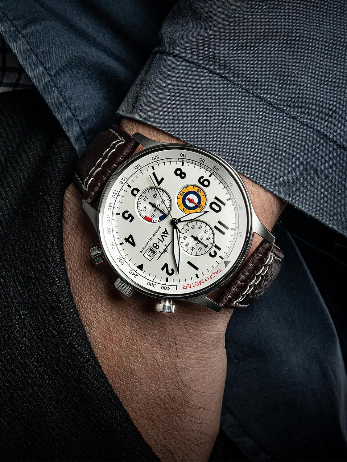 AVI-8 Hawker Hurricane Men's Pilot Watch – Classic Chronograph, Japanese Quartz Movement, Stainless Steel Case, Leather Strap, AV-4011 - Image 3