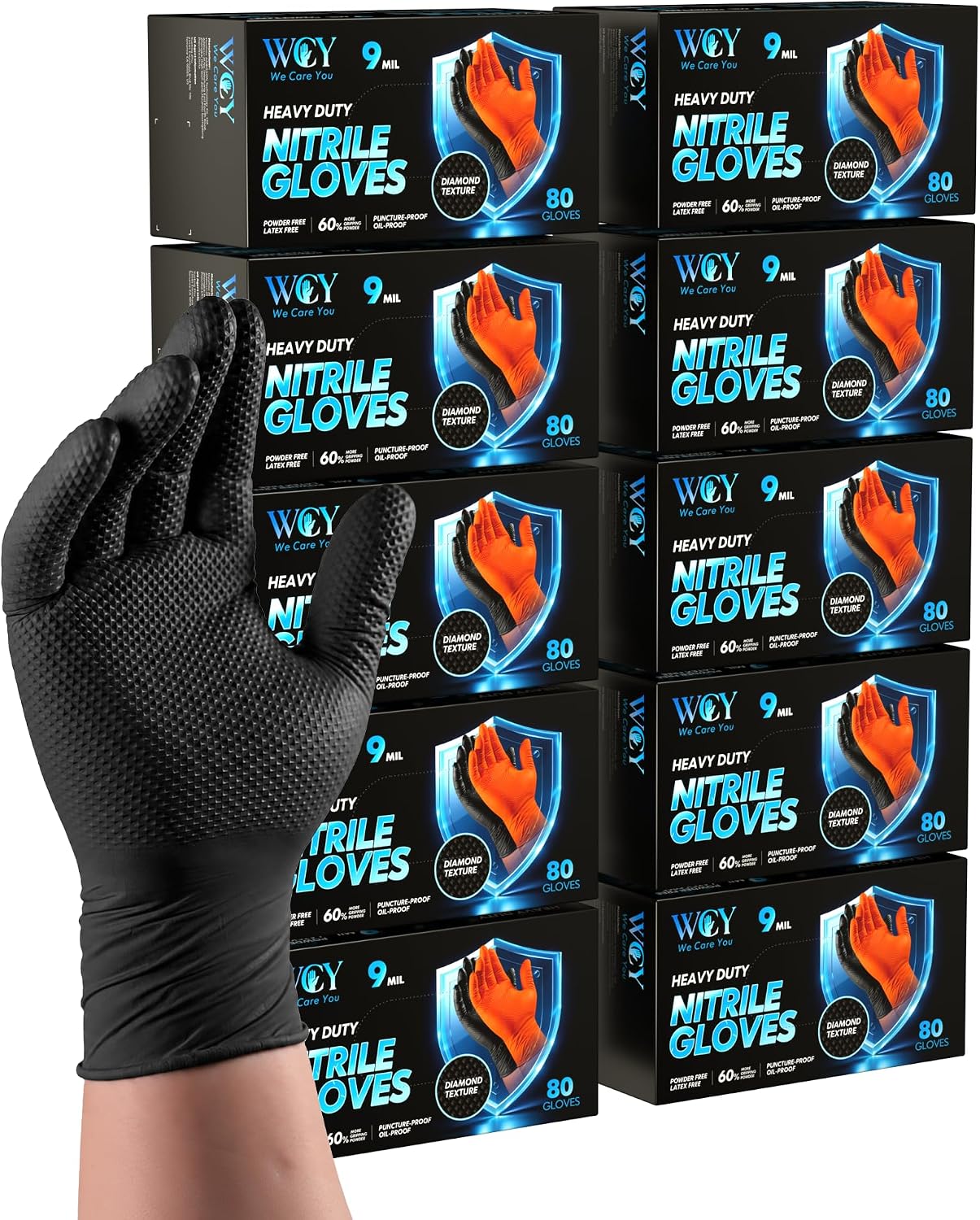 wcy Black 9 Mil Heavy Duty Nitrile Gloves XL, 800 Counts, Diamond Texture, Latex & Powder Free, Chemical Resistant Disposable Rubber Gloves for Mechanics, Automotive, Industrial & Food Handling