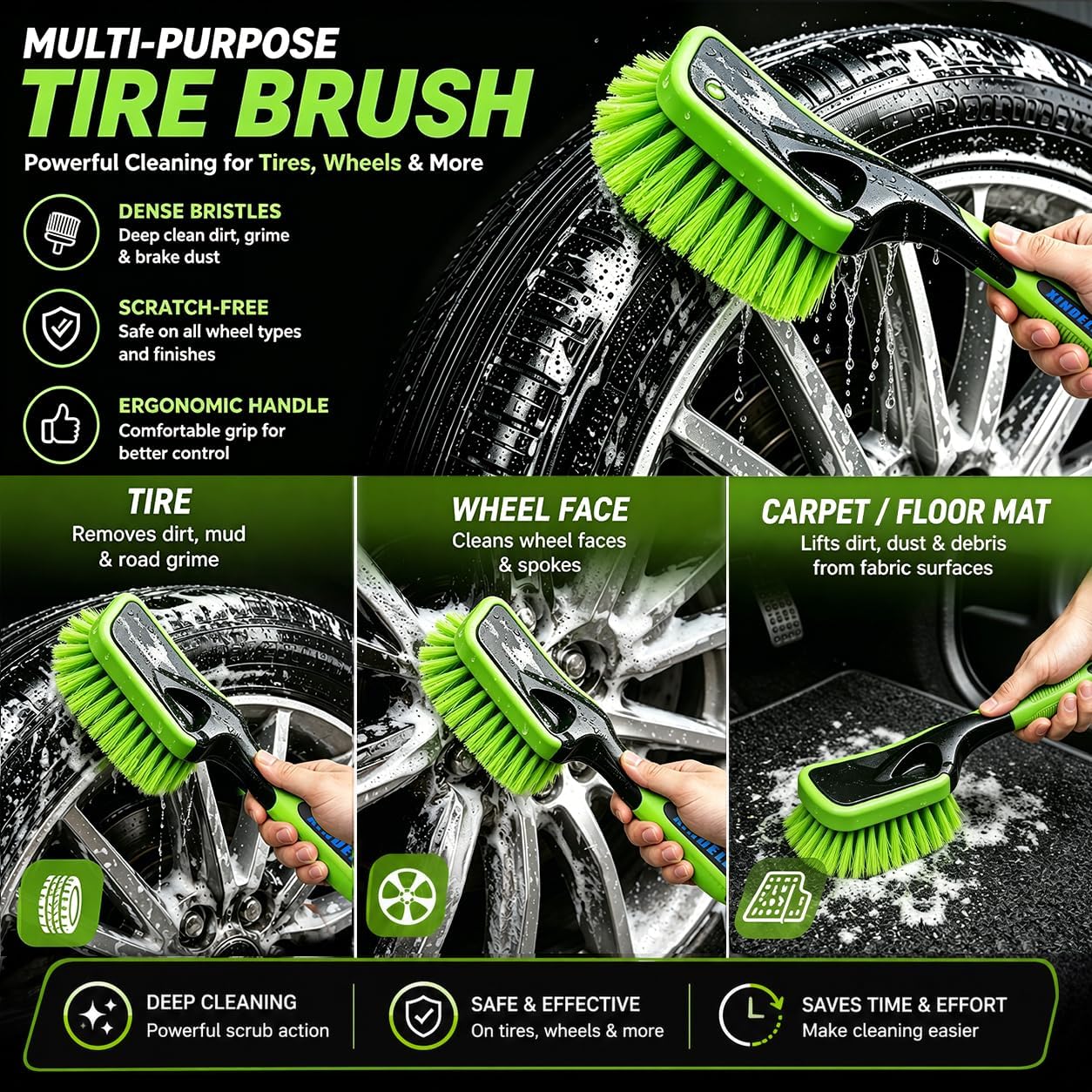 Wheel Brush, Tire Brush, Wheel Cleaner Brush Set - Tire Cleaning Kit with Tire Brush, Wheel Detail Brush, Tire Shine Applicator, Tire Dressing Cream, Microfiber Towel & Storage Bag | Not Just a Brush — A Complete Tire & Wheel Care System - Image 3