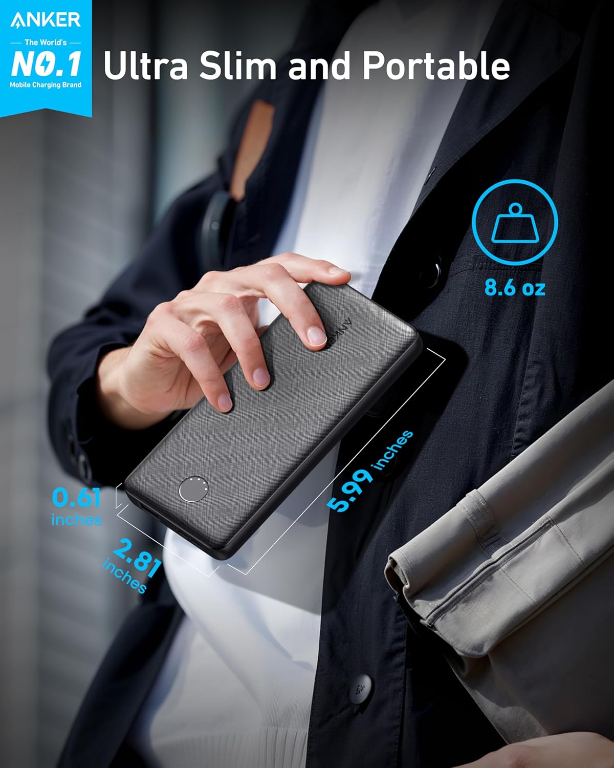 Anker Power Bank, 10,000mAh Portable Charger, PowerIQ USB-C Battery Pack | 5V / 3A High-Speed Charging, for iPhone, iPad, and More, Ultra-Compact Travel-Ready Design (Black) - Image 2