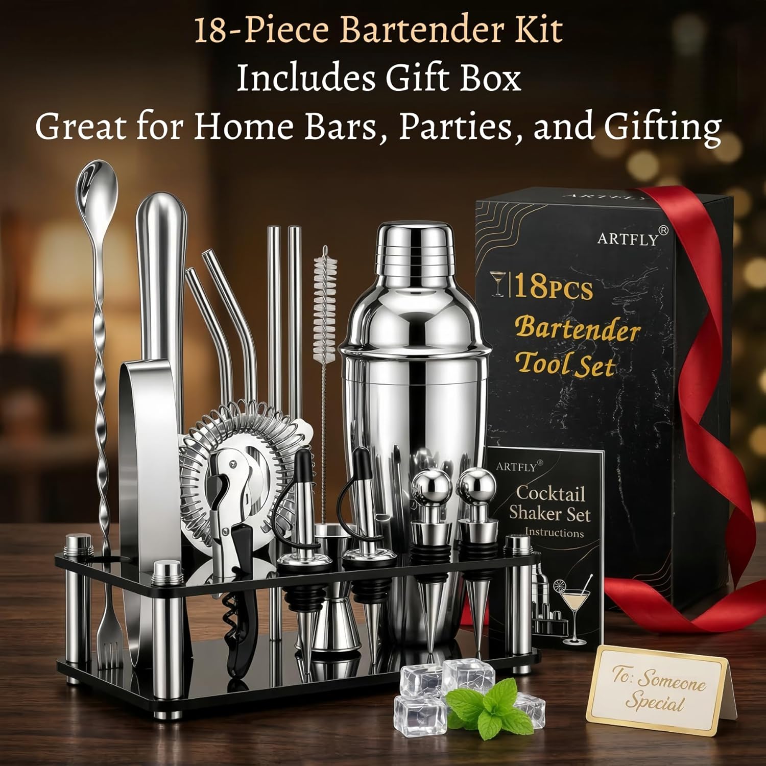 Cocktail Shaker Set, 18-Piece Bartender Kit with Acrylic Stand, 18/8 Stainless Steel Bar Set with Martini Shaker, Jigger, Muddler & Recipe Book for Home Bar - Image 6