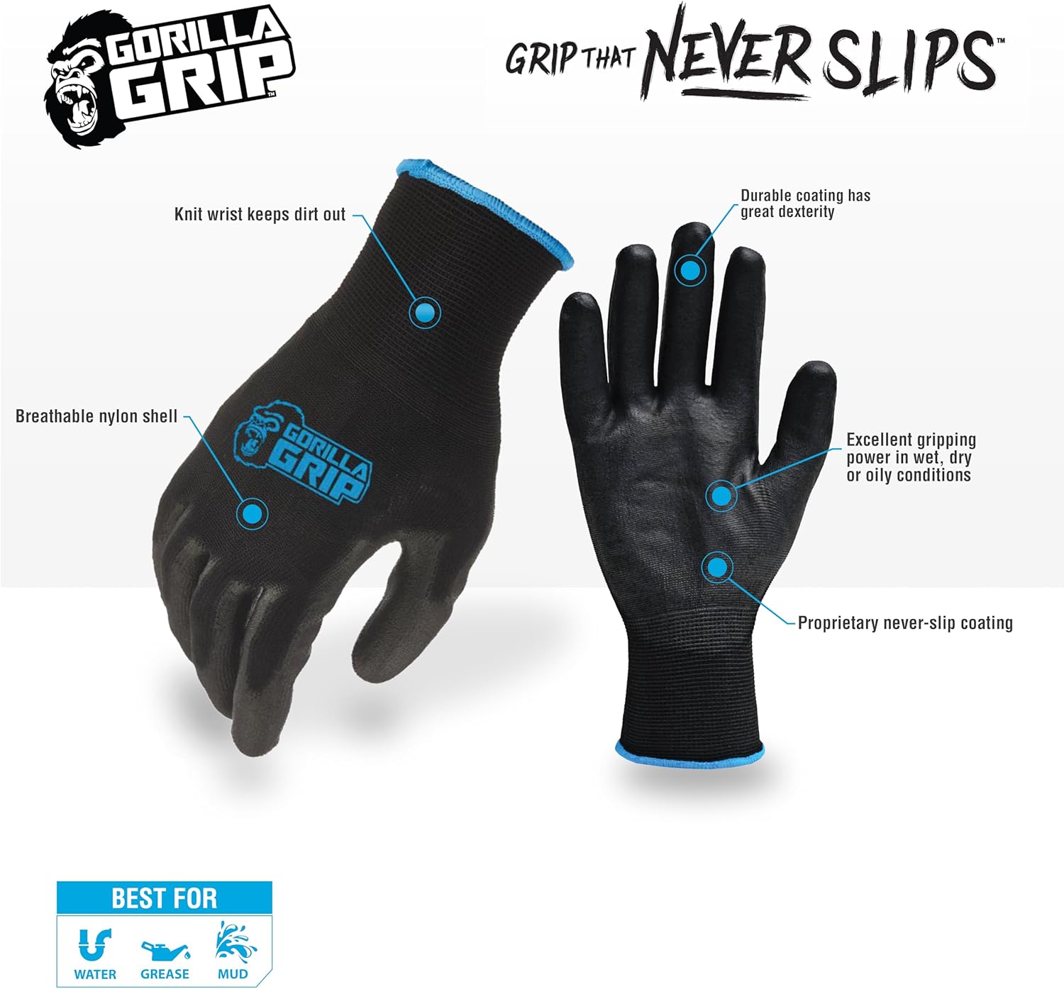 Gorilla Grip Work Gloves, Never Slip Maximum Grip All-Purpose, Gloves for Men, Superior in Wet, Dry, Oily Conditions, Polymer Palm, Medium Size, 25 Pairs, Black/Blue | 25047-25 - Image 2
