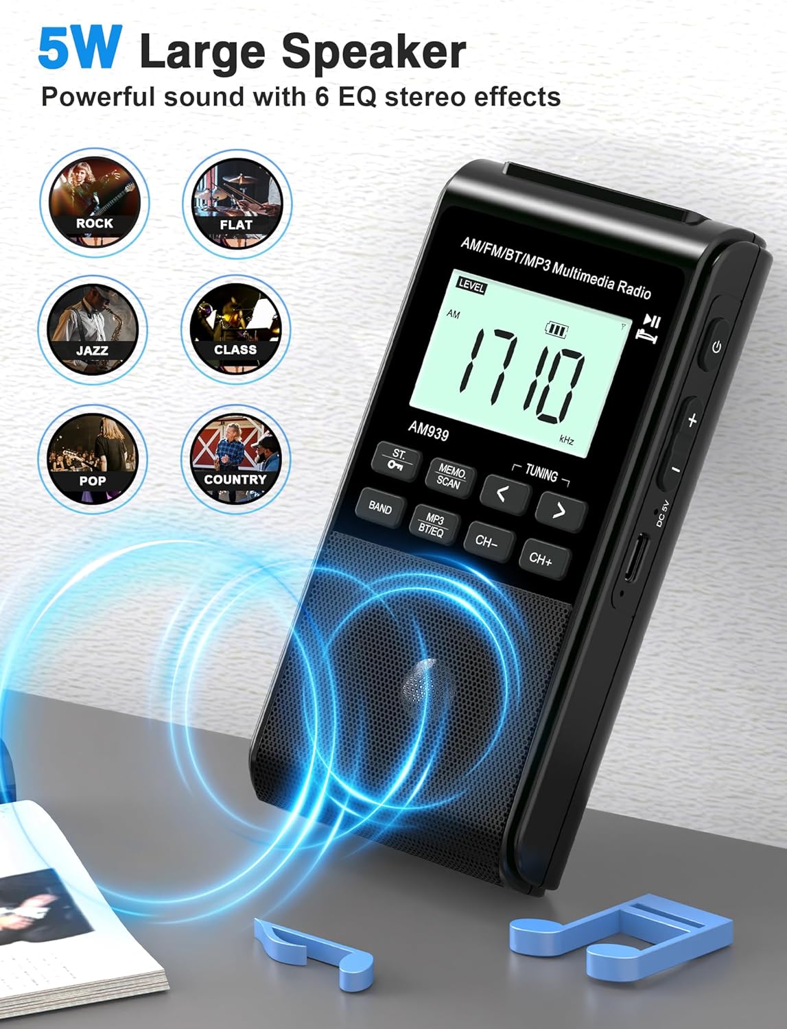 Portable AM FM Radio with Bluetooth Earphone Output & Bluetooth Speaker Mode,1200mAh Rechargeable Radio with Best Reception,5W Big Speaker,LCD Screen,Earphone Jack,Support SD Card and USB for Jogging - Image 7