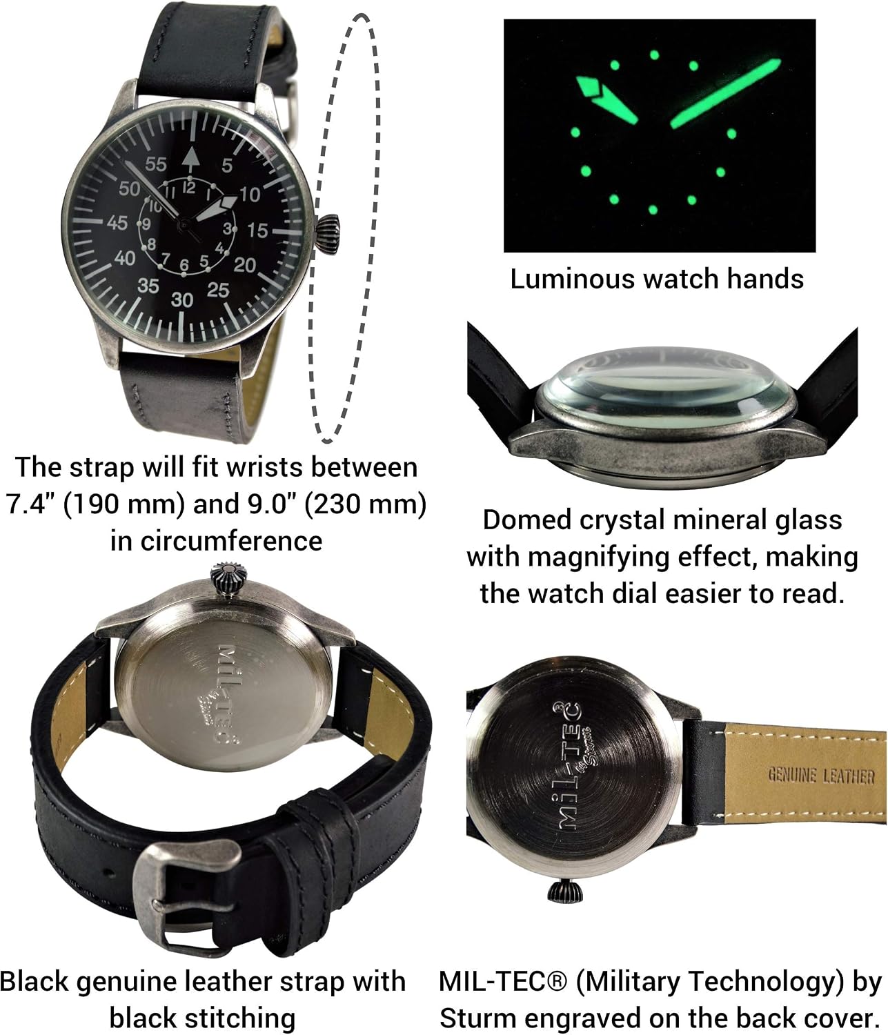 Mil-Tec Vintage Aviator Watch Black Dial Quartz Mens Flieger Pilot World War 2 Wristwatch - Image 5