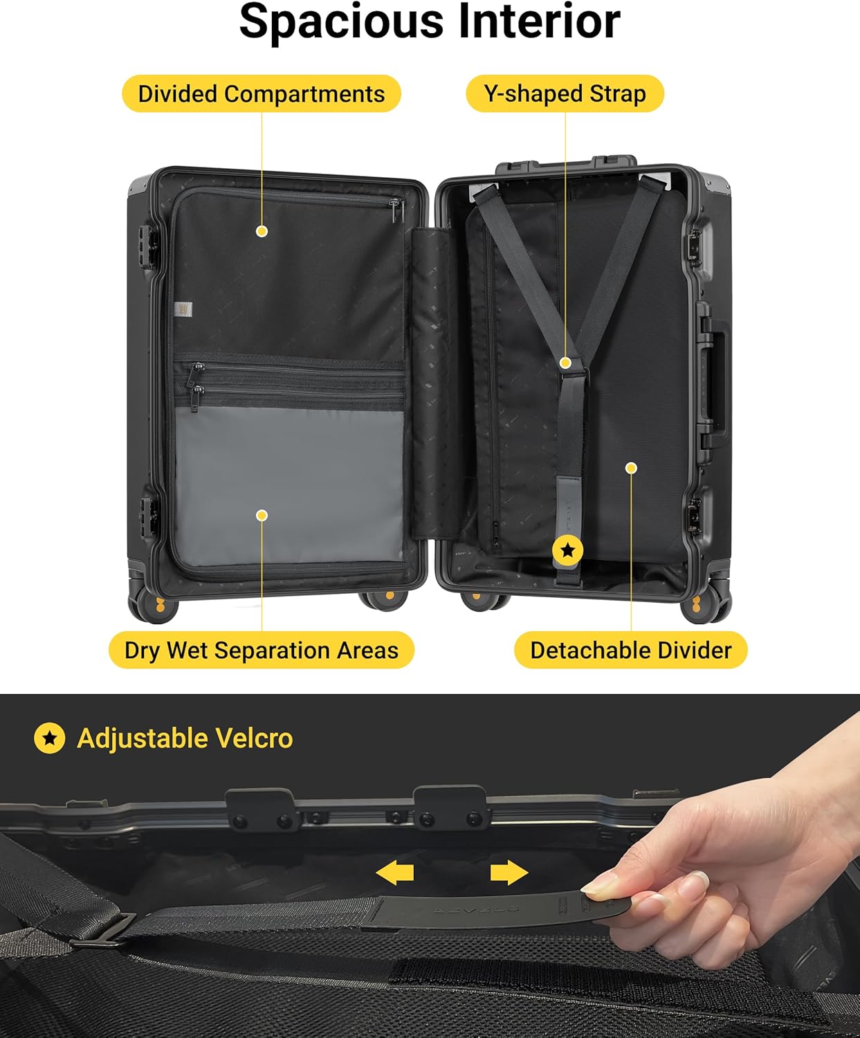 LEVEL8 Zipperless Checked Luggage with Aluminum Frame, Upgraded Medium Hardside Suitcase with Spinner Wheels, Metal Travel Luggage with Double Tsa Locks, 24 Inch, Black - Image 5
