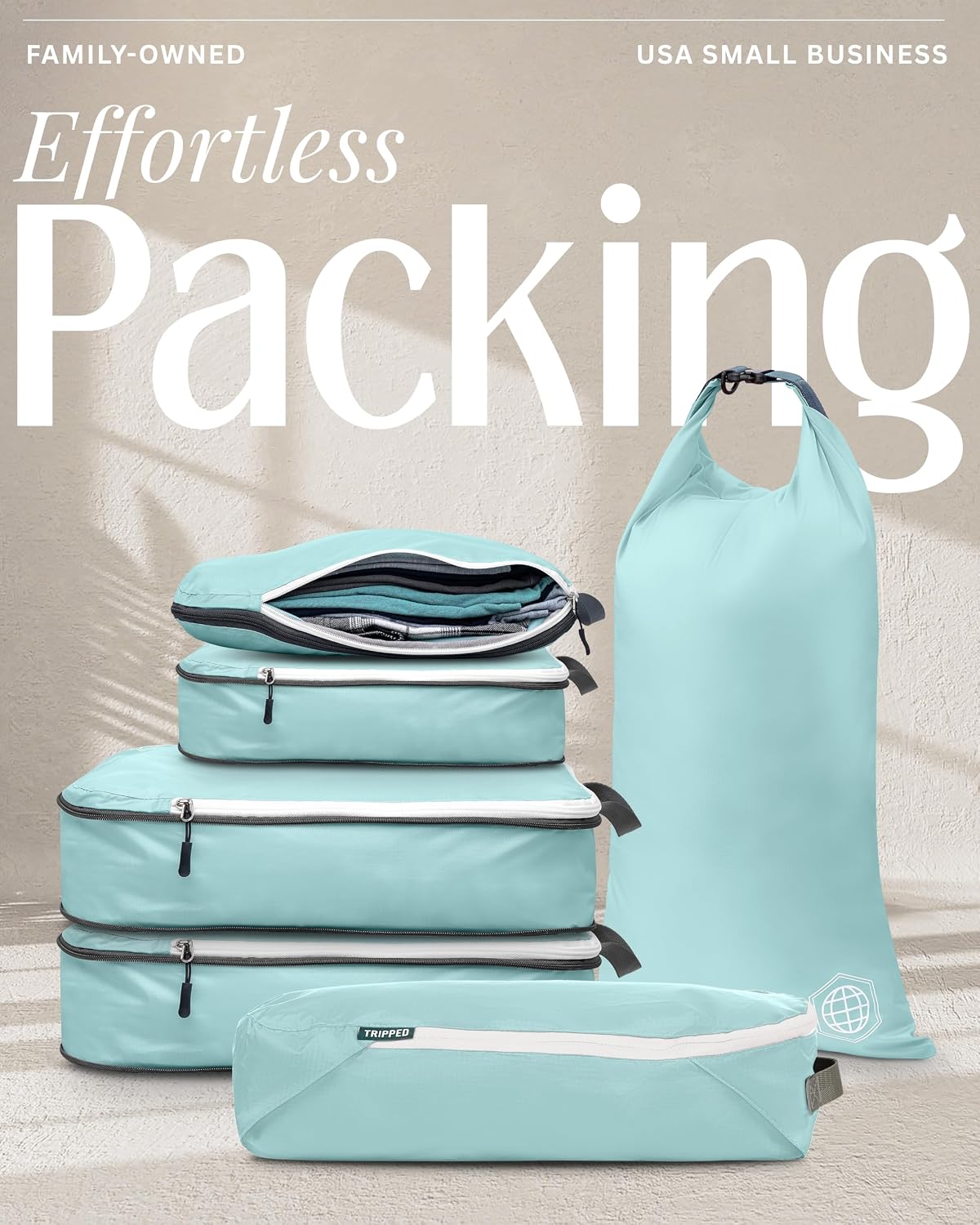Compression Packing Cubes for Travel, 6-Piece Lightweight Packing Cubes Set for Carry-On Luggage & Backpacks – TRIPPED Travel Gear (Dusty Teal/White) - Image 8