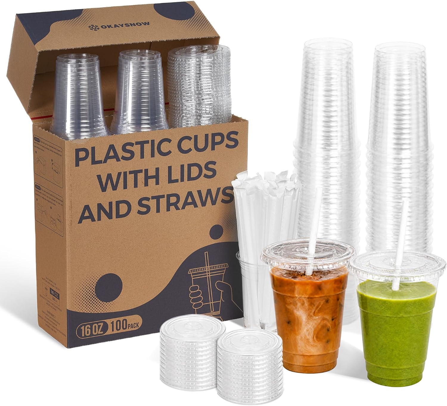 100 Pack 16 oz Clear Plastic Cups with Lids and Straws, Organized Dispenser Box, Heavy Duty Disposable Iced Coffee Cups, Crystal Clear Smoothie To Go Cups, PET, BPA Free