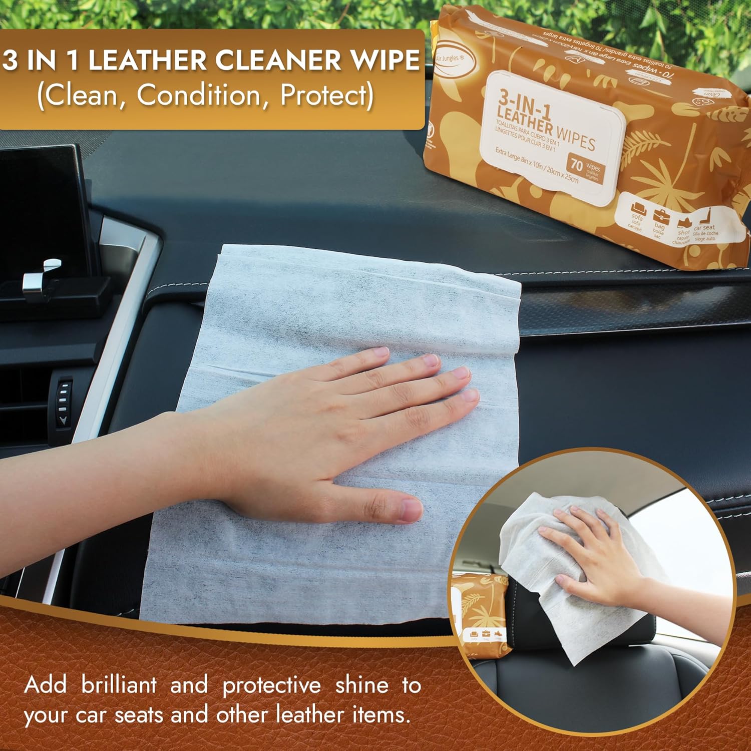 Air Jungles 3in1 Leather Cleaner Wipes 70 Count, Extra Large 8" x 10" Size, Clean Condition Protect Wipes for Vinyl and Leather Apparel Furniture Auto Car Interior Shoes Boots Bags - Image 7