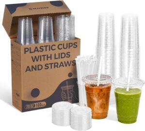 100 Pack 20 oz Plastic Cups with Li...