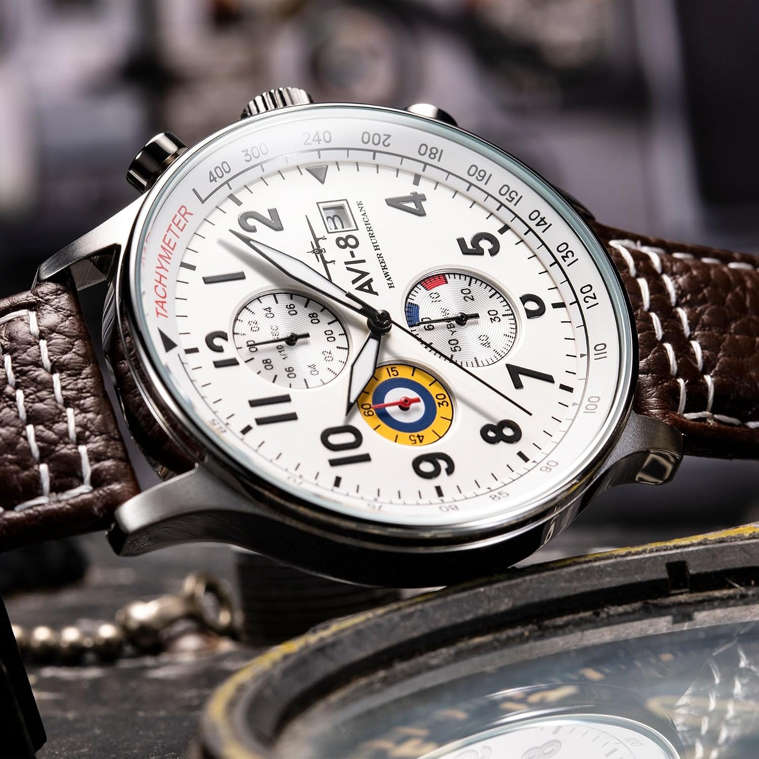 AVI-8 Hawker Hurricane Men's Pilot Watch – Classic Chronograph, Japanese Quartz Movement, Stainless Steel Case, Leather Strap, AV-4011 - Image 6