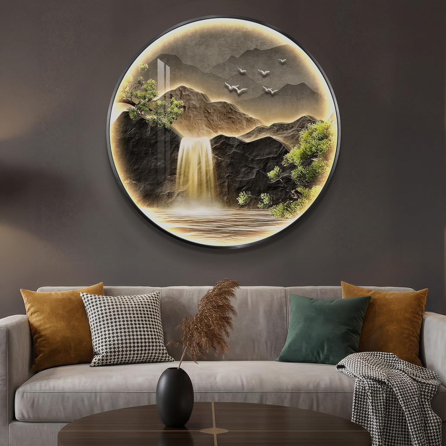Large LED Mountain Waterfall Wall Art for Living Room, Framed Round Modern Lighted Landscape Picture Artwork for Walls, Backlit Nature Wall Decor for Hallway, Dining Room, Entryway, Office, 30x30 Inch - Image 2