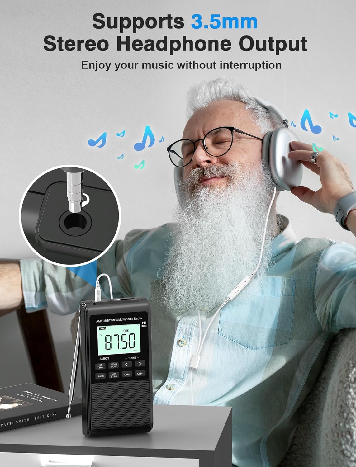 Portable AM FM Radio with Bluetooth Earphone Output & Bluetooth Speaker Mode,1200mAh Rechargeable Radio with Best Reception,5W Big Speaker,LCD Screen,Earphone Jack,Support SD Card and USB for Jogging - Image 8