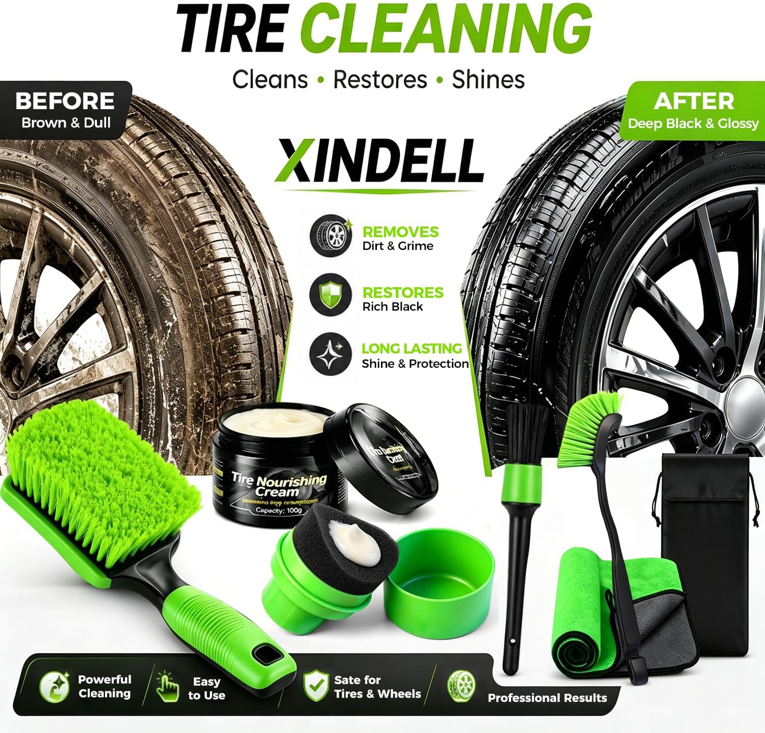 Wheel Brush, Tire Brush, Wheel Cleaner Brush Set - Tire Cleaning Kit with Tire Brush, Wheel Detail Brush, Tire Shine Applicator, Tire Dressing Cream, Microfiber Towel & Storage Bag | Not Just a Brush — A Complete Tire & Wheel Care System - Image 2