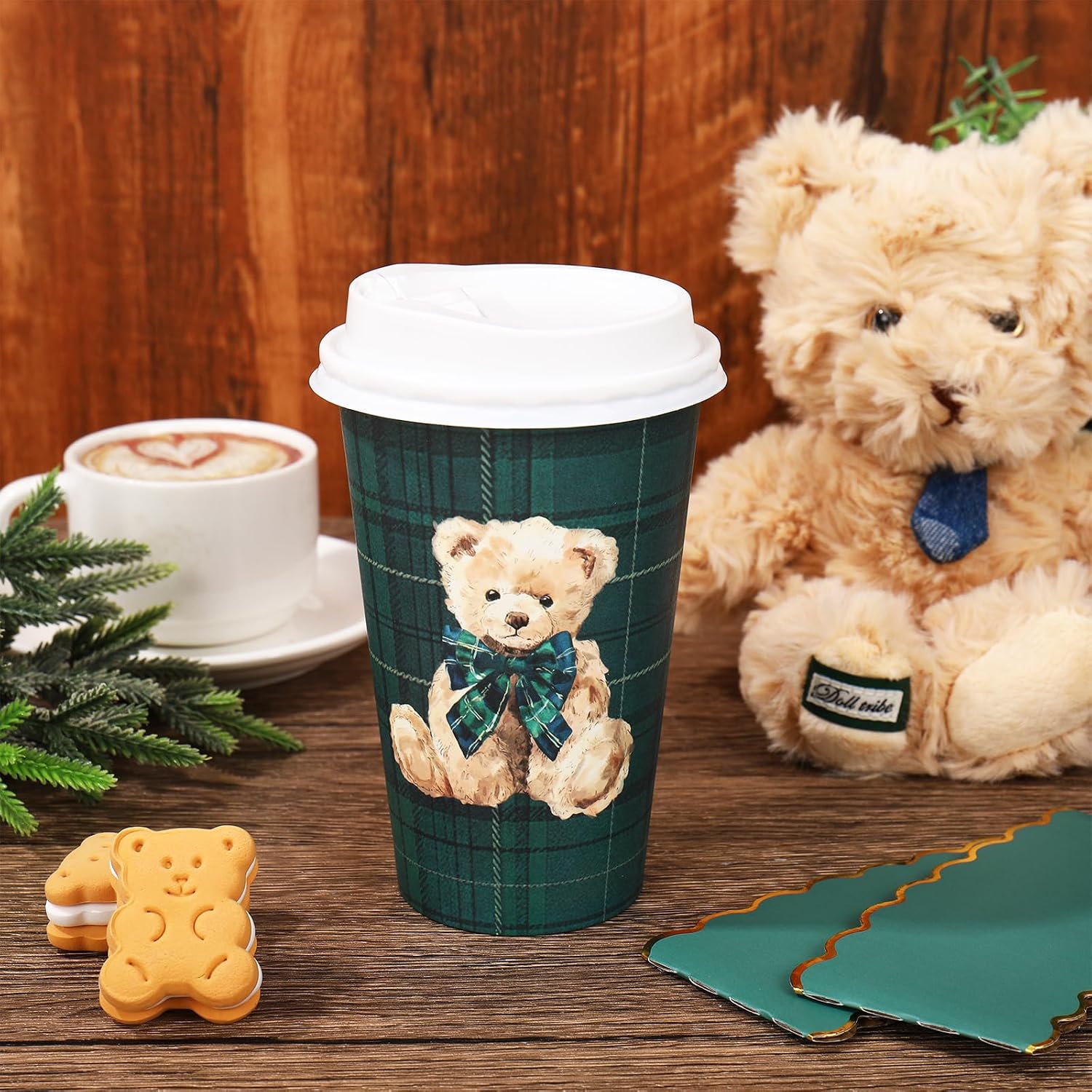 Whaline 50 Sets Tartan Bear Coffee Cups with Lids Sleeves 16 oz We Can Bearly Wait Party Cup Vintage Green Blue Plaids Disposable To Go Cups for Baby Shower Birthday Beverage Hot Chocolate - Image 4