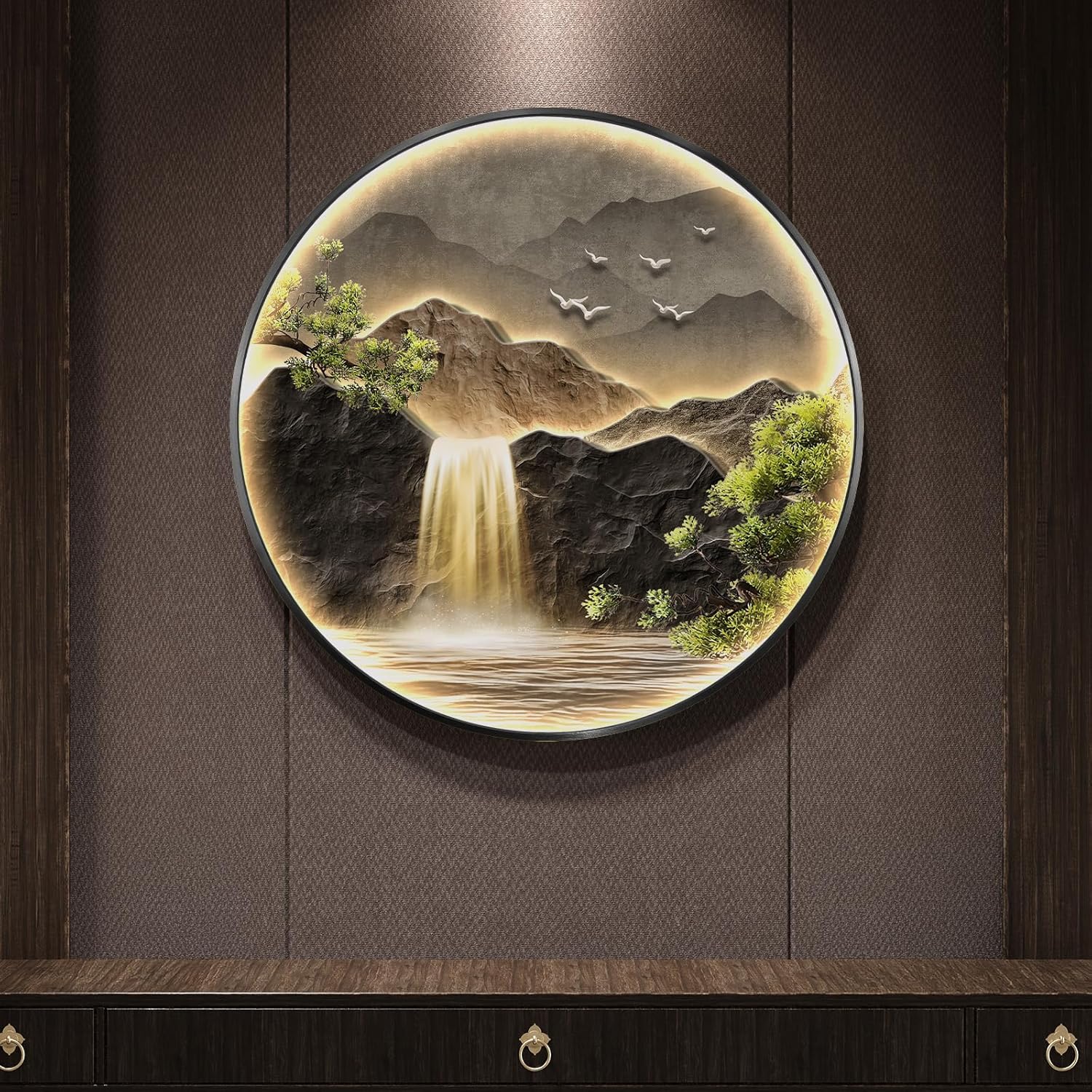 Large LED Mountain Waterfall Wall Art for Living Room, Framed Round Modern Lighted Landscape Picture Artwork for Walls, Backlit Nature Wall Decor for Hallway, Dining Room, Entryway, Office, 30x30 Inch