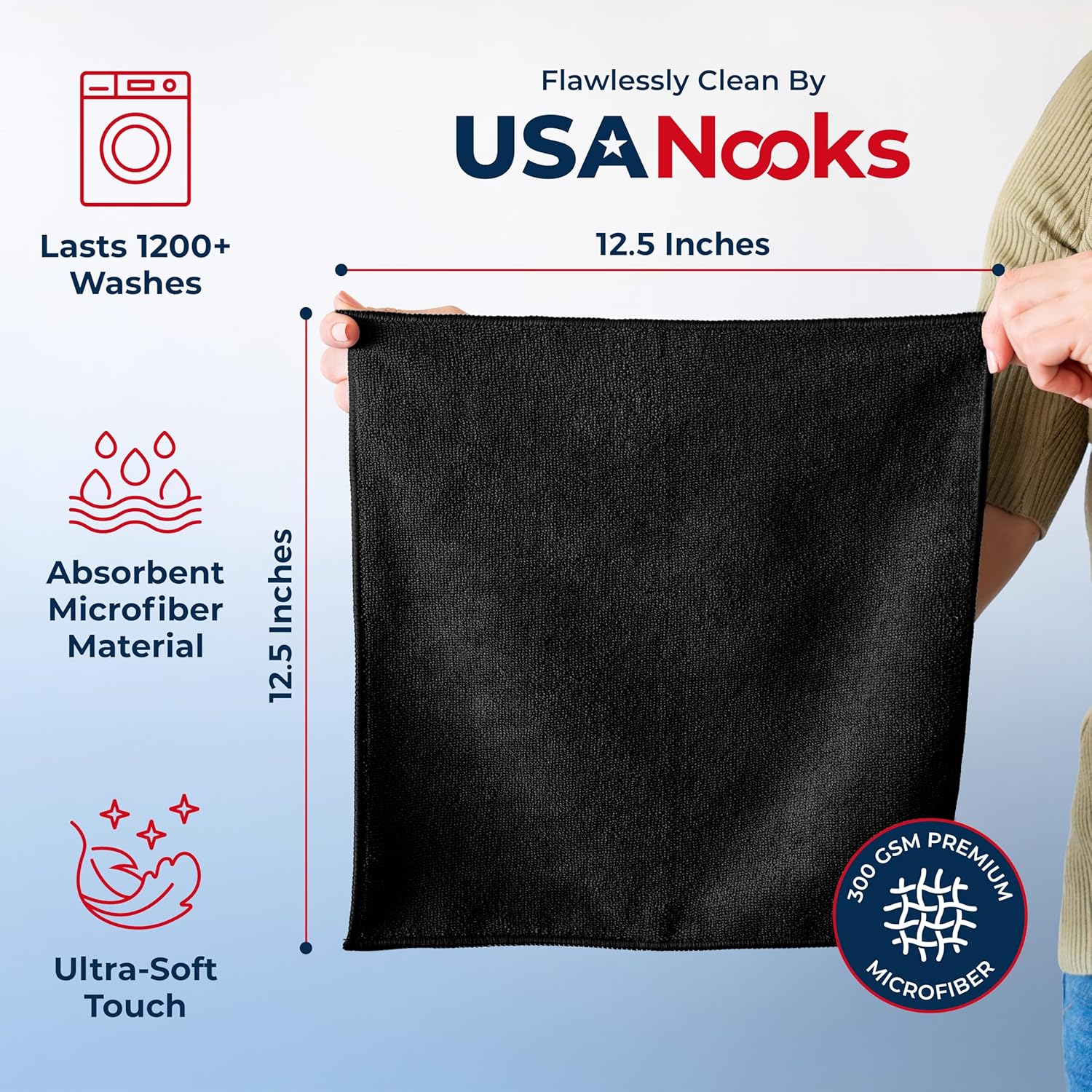 USANOOKS Premium 300GSM Microfiber Cleaning Cloth - 12.5"x12.5" High Performance - 1200 Washes, Ultra Absorbent Microfiber Towels for Cars Undercarriage, Rims & Engine Bay Cleaning - Microfiber Cloth - Image 2