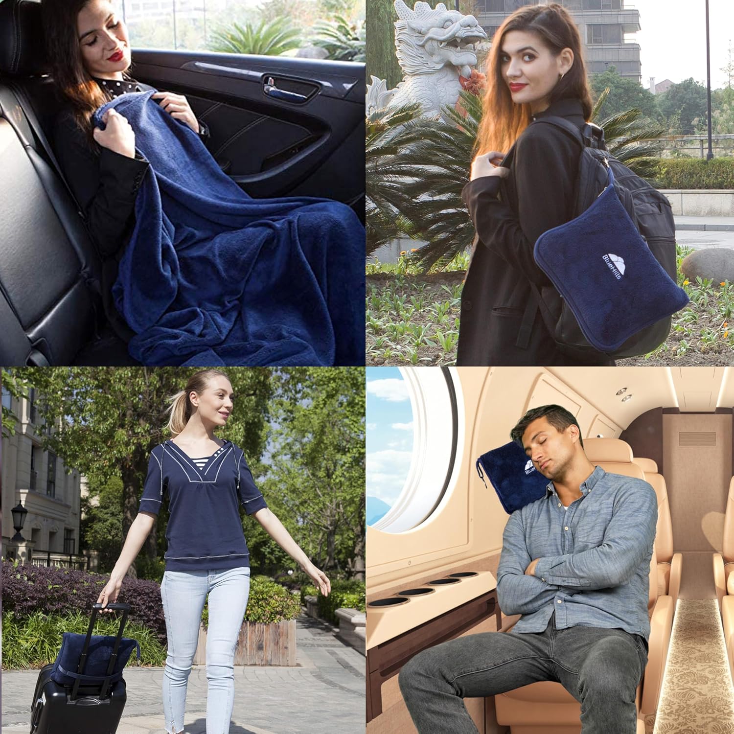 BlueHills Premium Soft Long Travel Blanket Pillow for Tall Airplane Flight Blanket Throw Luggage Belt & Backpack Clip Compact Packable Car Large 2 in 1 Combo Warm Gifts Navy Blue T051 - Image 3