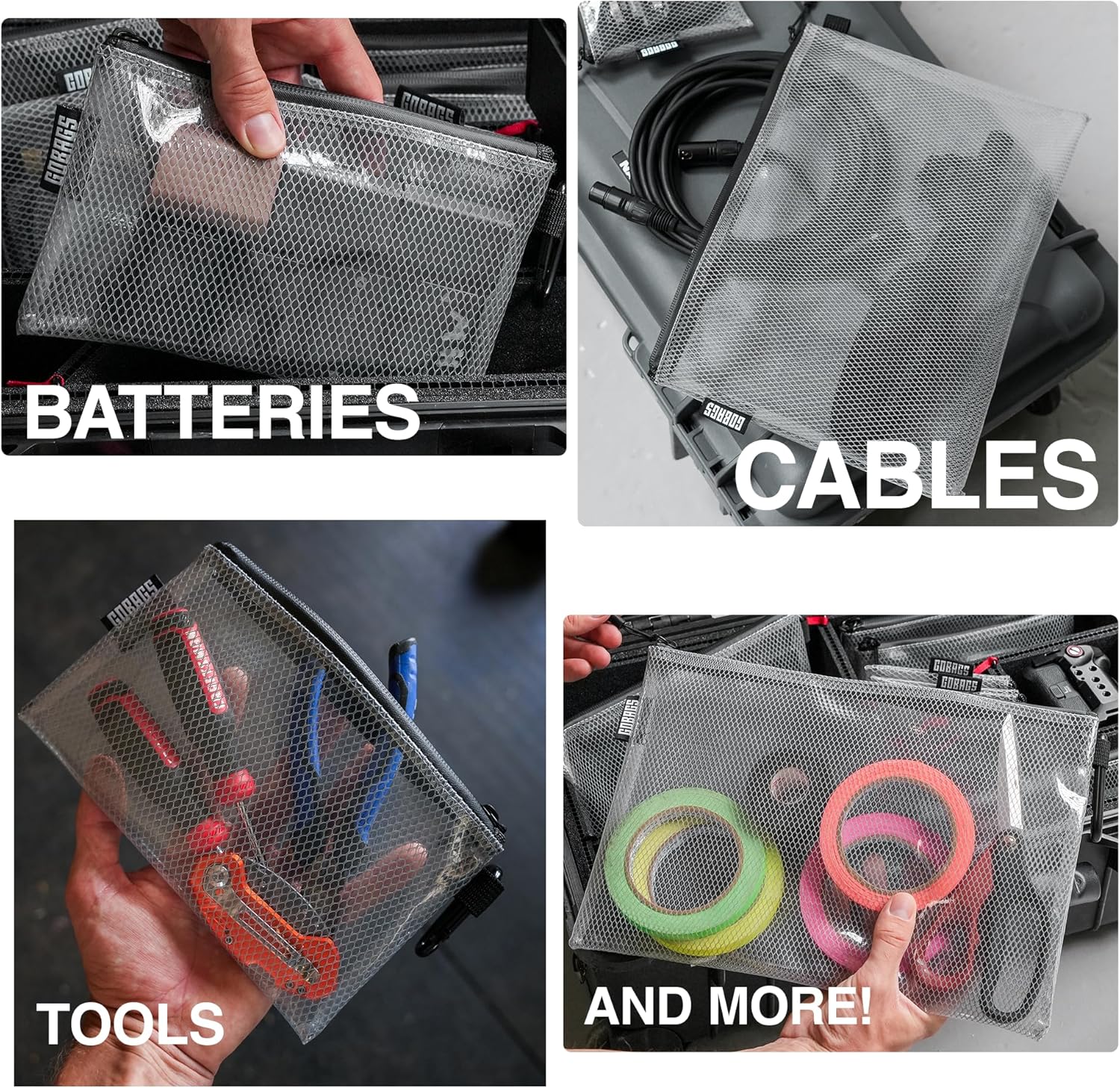 GOBAGS Air Production Multi-Size Clear Zipper Pouch (4‑Pack) – Cable Organizer & Travel Gear Bag for Electronics, Camera Accessories, Tool Pouch & Small Tech Storage - Image 3