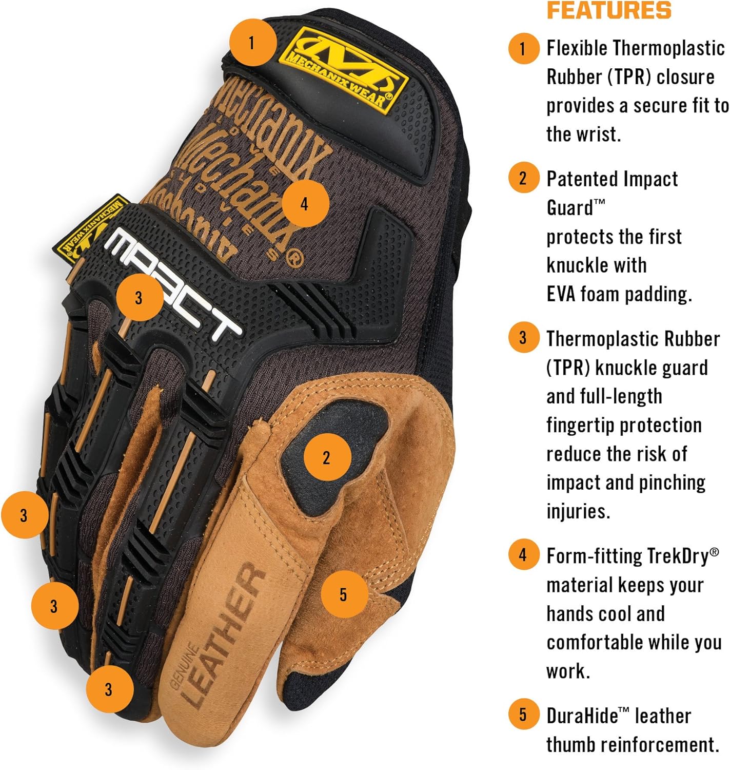 Mechanix Wear M-Pact Leather Gloves - Leather Impact-Resistant Work Gloves for Hand Support - Breathable Design - Shock Absorbing - Machine Washable - Brown/Black - X-Large - Image 8