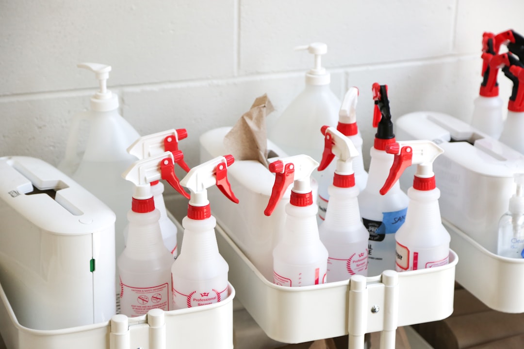 A neatly arranged set of aircraft cleaning supplies in a well-organized storage area, showcasing various tools and materials used for aircraft maintenance.